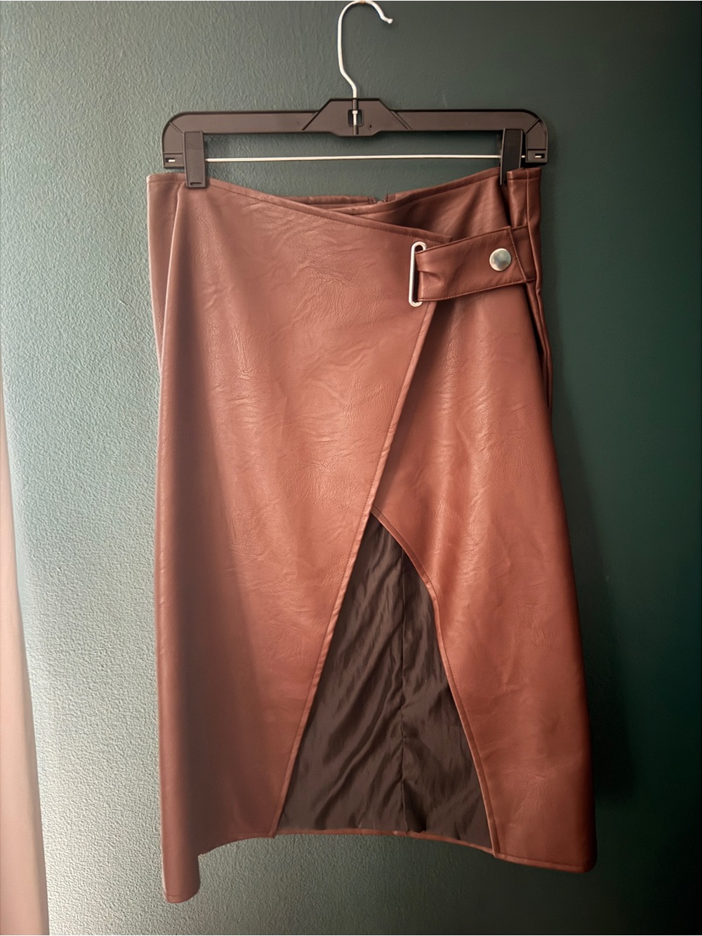 Topshop Brown Faux Leather Wrap Midi Skirt with Side Buckle